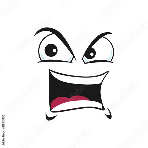 Cartoon face vector icon, gloat emoji with angry eyes and laughing toothy mouth. Negative facial expression, funny feelings isolated on white background