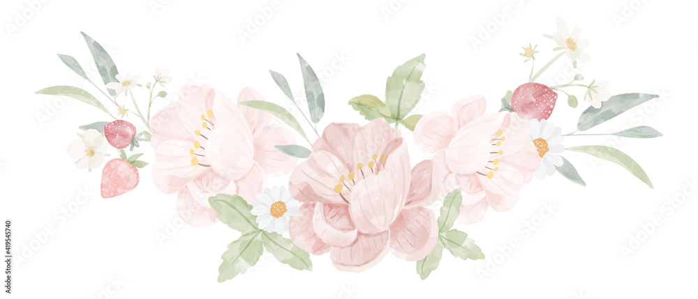 Obraz akwarela różowa piwonia bukiet kwiatów na białym tle