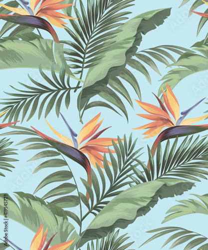 Tropical vector pattern with hibiscus, orchid, palm leaves.Exotic style. Seamless botanical print for textile, print, fabric on dark background