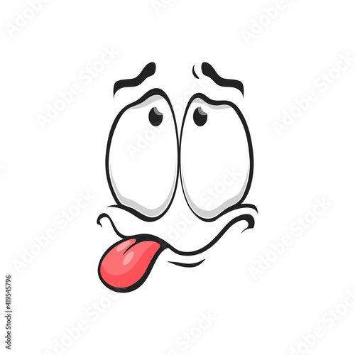 Emoticon with silly eyes, awkward face expression isolated icon. Vector strange emoji, crazy idiot sad emoticon showing tongue. Strange stupid emoticon, teasing person social network chatbot