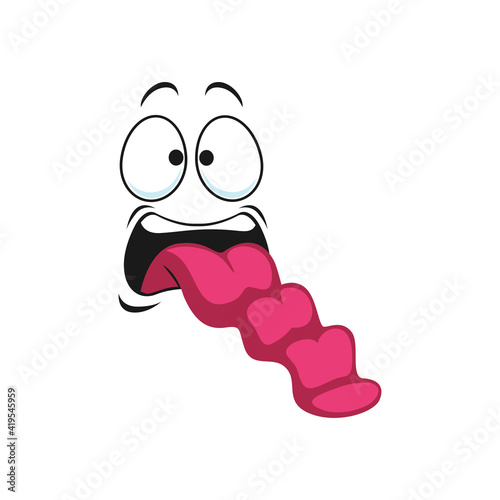 Burnout emoticon isolated icon. Vector indifferent uncertain emoji, comic smiley head, depressed emoticon. Exhausted face expression, no energy avatar with tongue out of mouth. Fatigue tired face