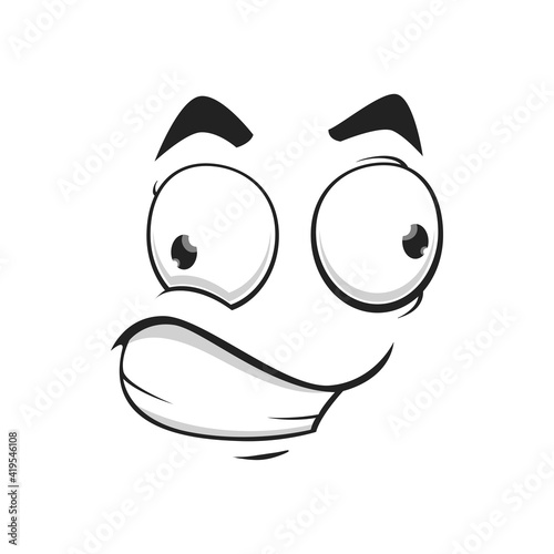Cartoon face with slanting eyes and tight smile, vector funny emoji. Crazy facial expression, confused or strain feelings isolated on white background