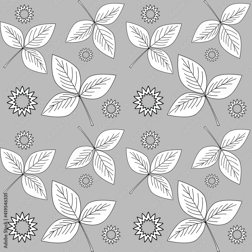 Design with plant elements and geometric shapes close-up on a gray background. An abstraction. Seamless background for printing on fabric or paper.