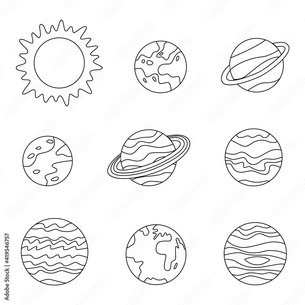 Fototapeta premium Color solar system planets and Sun. Coloring sheet for kids.