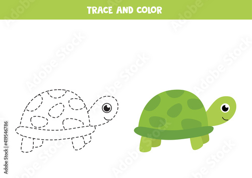 Trace and color cute turtle. Space worksheet for kids.