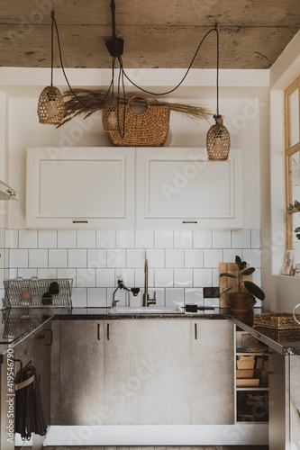 Nordic and cozy kitchen interior. Boho ecological and loft style.