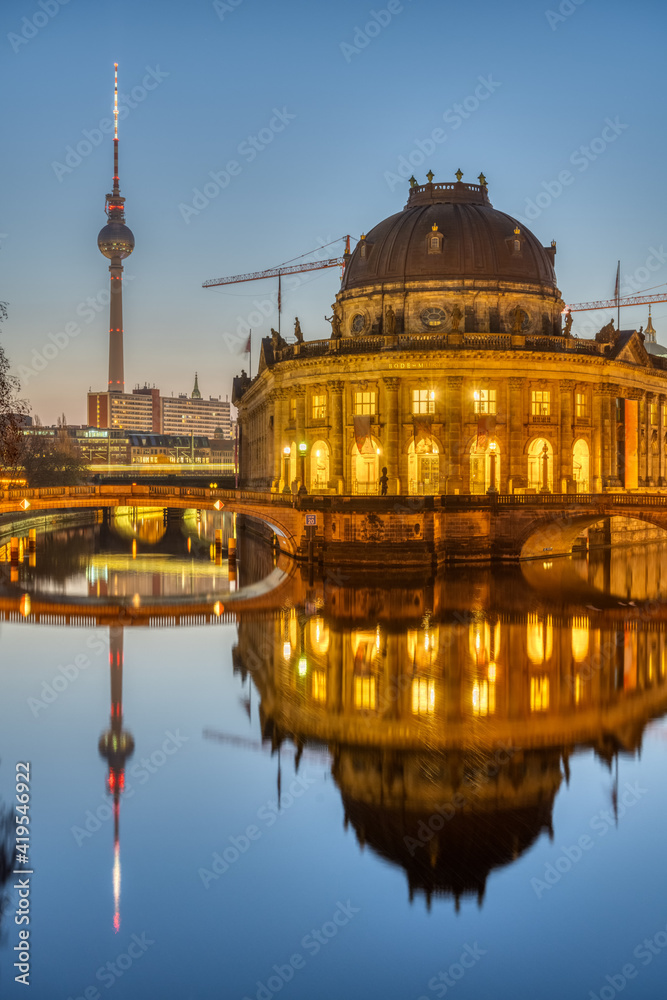 The Bode Museum, the Television Tower and the river Spree in Berlin at dawn