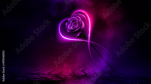 Fototapeta Naklejka Na Ścianę i Meble -  Neon rose and rays. Dark night abstraction, fantasy flower, fantasy rose, dark street, boulders, light reflection, pink and blue neon. 3D illustration.