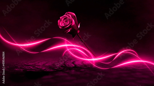 Neon rose and rays. Dark ni...