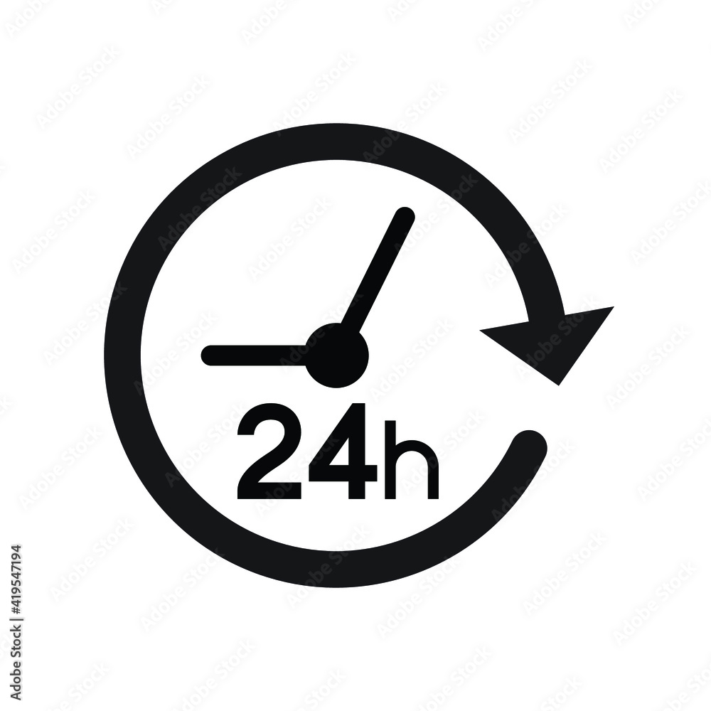24 hours with clock arrow cyclic icon, Opened order execution or delivery, All day business and service sign, Vector illustration 24 hours with clock arrow cyclic icon, Opened order execution or delivery, All day business and service sign, Vector illustration
