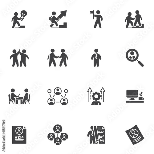 Business planning vector icons set, modern solid symbol collection, filled style pictogram pack. Signs, logo illustration. Set includes icons as business strategy, businessman contract, job interview