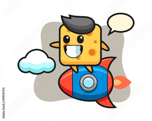 Cheese mascot character riding a rocket