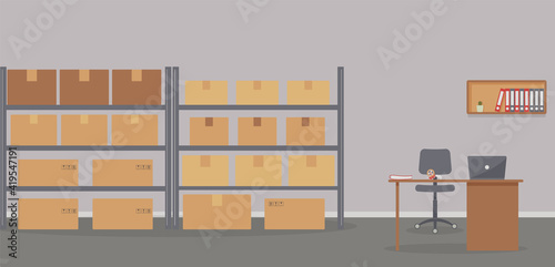 Warehouse  racks with boxes and workplace of warehouse manager  storekeeper or warehouse worker.Tape dispenser on desk with laptop  shelf with folders and cactus.Cozy place of work.Raster illustration