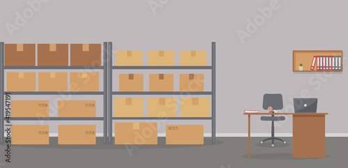 Warehouse: racks with boxes and workplace of warehouse manager, storekeeper or warehouse worker.Tape dispenser on desk with laptop, shelf with folders and cactus.Cozy place of work.Raster illustration