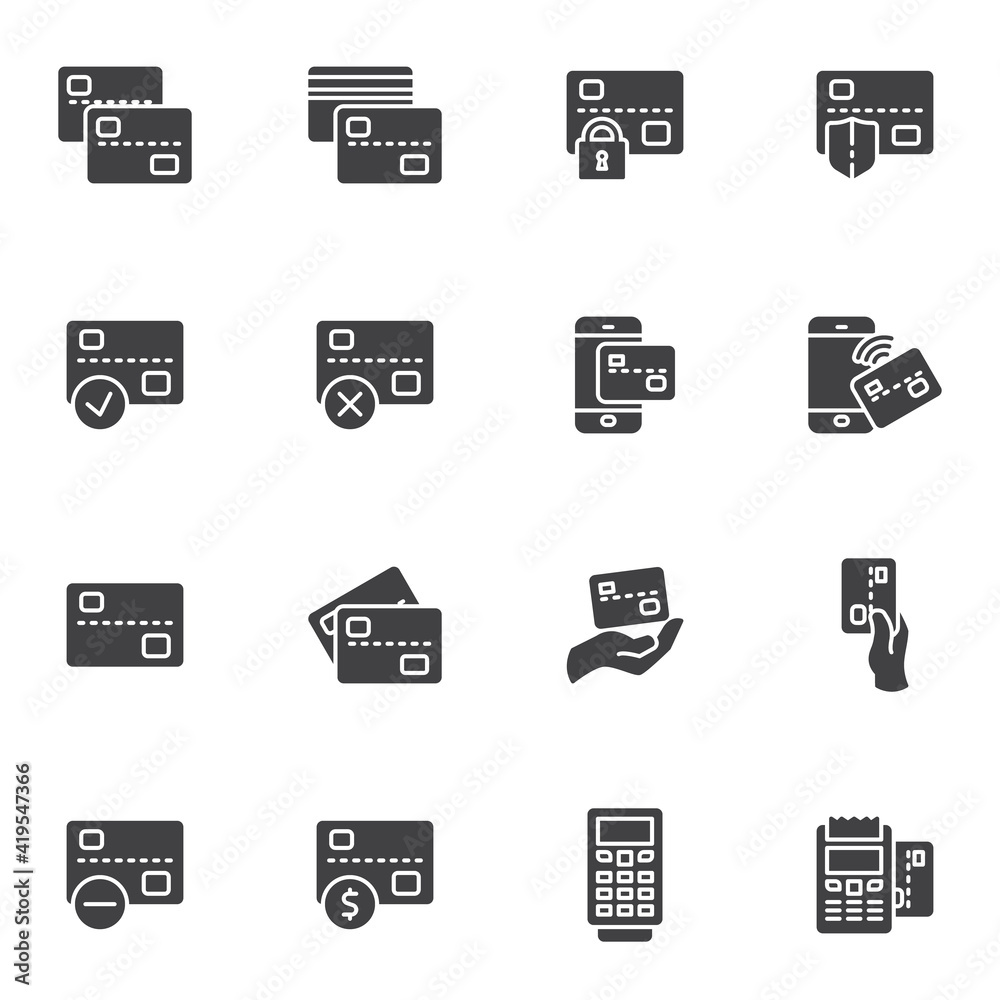 Credit card vector icons set, modern solid symbol collection, filled style pictogram pack. Signs, logo illustration. Set includes icons as bank card, atm, banking payment cashier, wireless payment