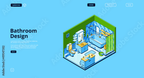 Bathroom design isometric landing page, empty room