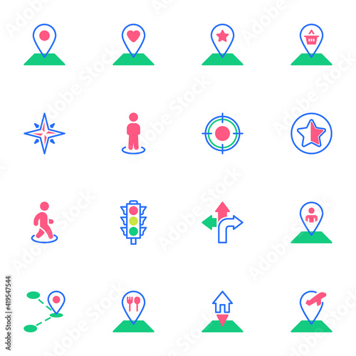 GPS navigation flat icons set, Colorful symbols pack contains - geolocation, map pointer, human position airport location, restaurant placeholder, traffic light. Vector illustration. Flat style design