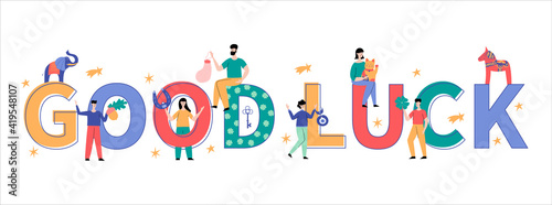 Good luck big letters vector illustration. Isolated typography with people characters and good fortune symbols. Fortune and success charms, lucky amulets. Superstitious people carry lucky talismans