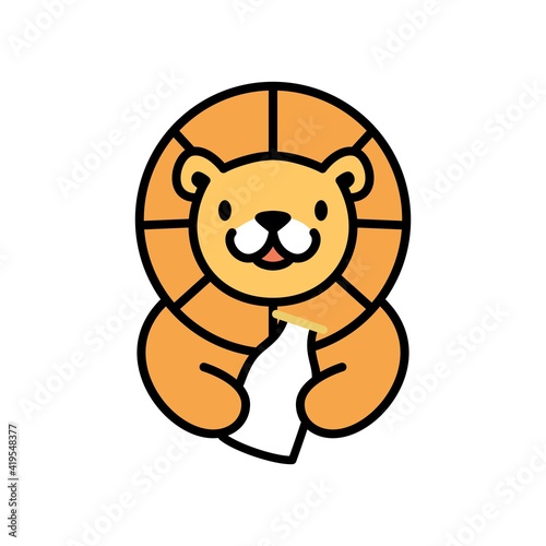 cute lion baby milk bottle cartoon playful logo vector icon illustration