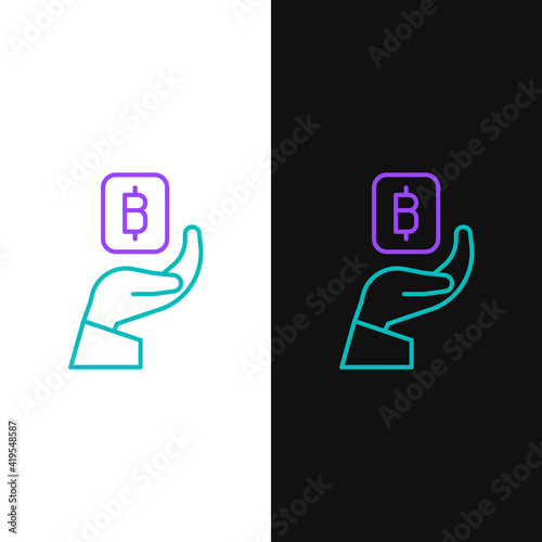 Line Hand holding Bitcoin icon isolated on white and black background. Blockchain technology, digital money market, cryptocoin wallet. Colorful outline concept. Vector.