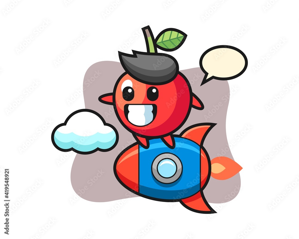 Fototapeta premium Cherry mascot character riding a rocket