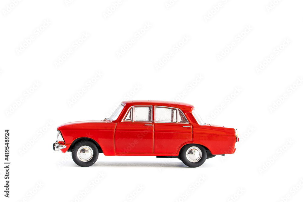 Red Little model car isolated on white background. buy or insurance car concept.