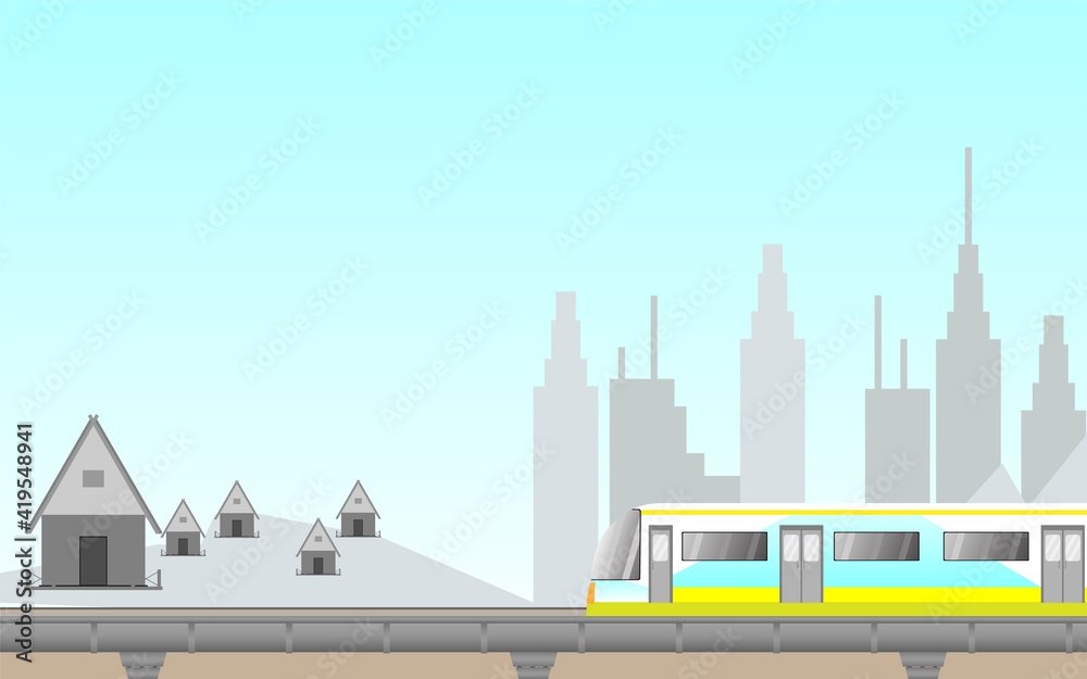 Traveling by Electric train between the city and the city or in the country. Passenger rail transport, railroad transportation. Cartoon flat express train travel using rail road.