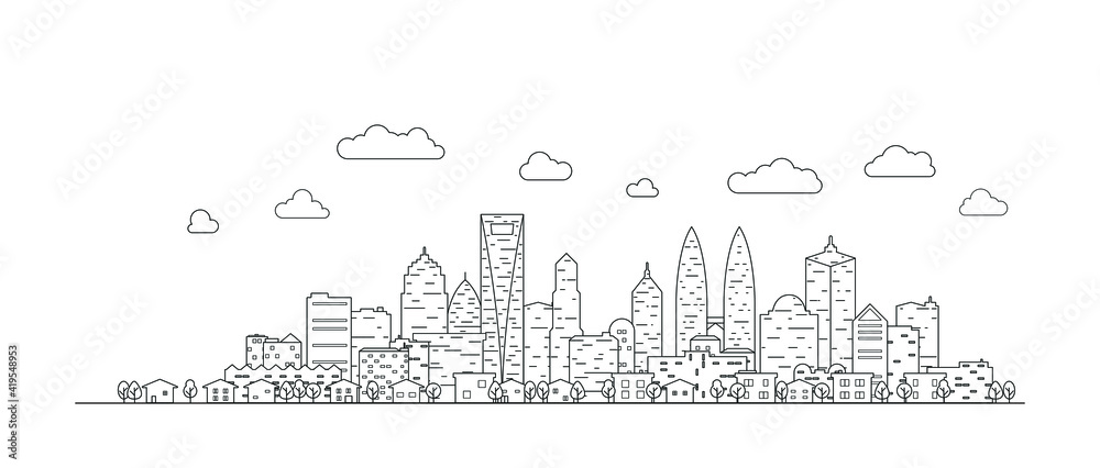 Thin line City landscape. Downtown landscape with high skyscrapers. Panorama architecture buildings Isolate. Urban life Vector illustration. Thin line City landscape. Downtown landscape with high skyscrapers. Panorama architecture buildings Isolate. Urban life Vector illustration.