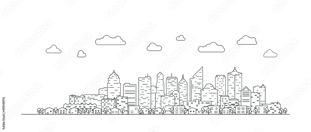 Thin line City landscape. Downtown landscape with high skyscrapers. Panorama architecture buildings Isolate. Urban life Vector illustration.