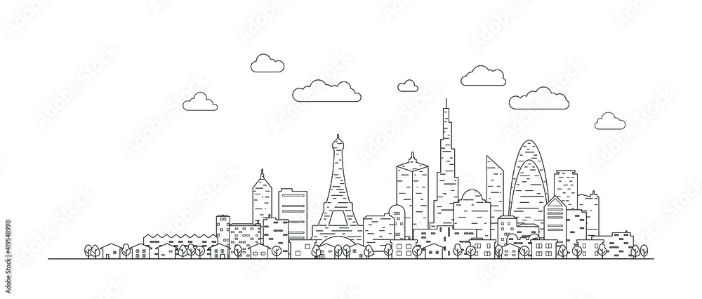 Fototapeta premium Thin line City landscape. Downtown landscape with high skyscrapers. Panorama architecture buildings Isolate. Urban life Vector illustration.