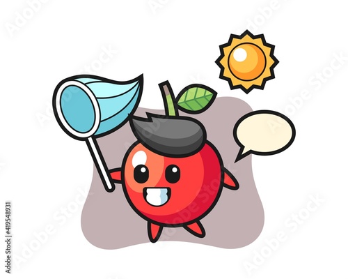 Cherry mascot illustration is catching butterfly