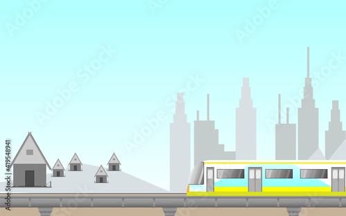 Traveling by Electric train between the city and the city or in the country. Passenger rail transport  railroad transportation. Cartoon flat express train travel using rail road.