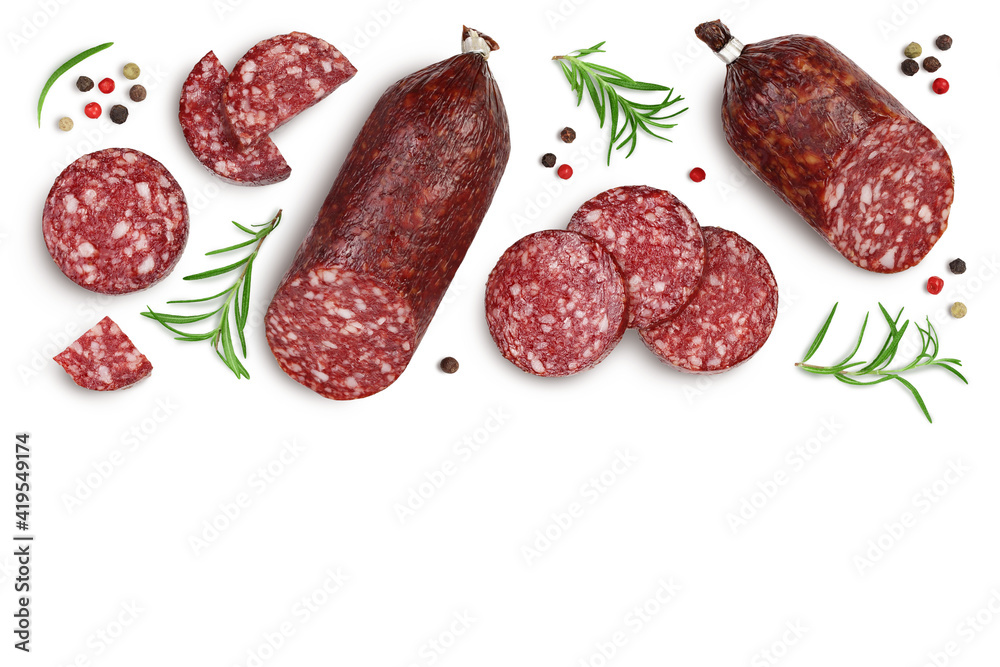 Smoked sausage salami with slices isolated on white background with clipping path. Top view with copy space for your text. Flat lay Smoked sausage salami with slices isolated on white background with clipping path. Top view with copy space for your text. Flat lay