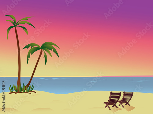 Beach background, colorful sunset sky, palm trees and sun loungers, space for text, vector illustration.