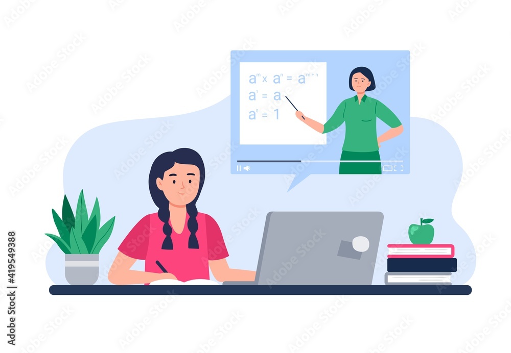 A Girl Learns Remotely From Home. Homeschooling by a Tutor or Online Teacher. Isolation at Home During the Coronavirus Epidemic. Vector Flat Illustration. A Girl Learns Remotely From Home. Homeschooling by a Tutor or Online Teacher. Isolation at Home During the Coronavirus Epidemic. Vector Flat Illustration.