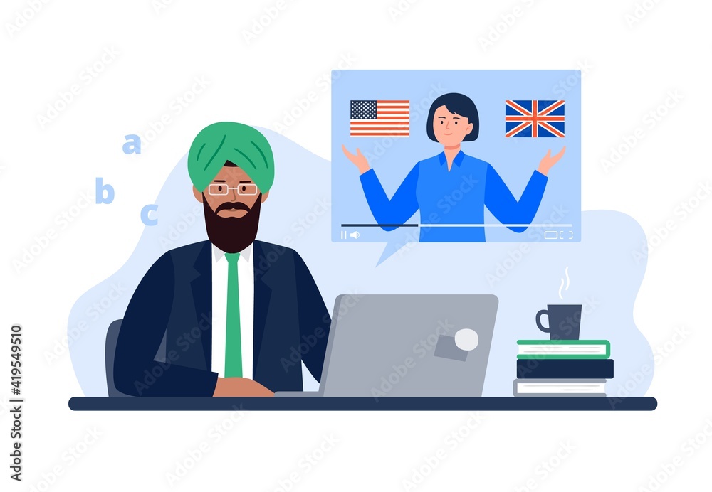 An Indian Man Watches Online Course. Online Education, E-learning, Studying at Home, Tutorials. Vector Flat Illustration.