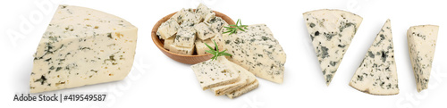 Blue cheese with rosemary isolated on white background with full depth of field. Set or collection