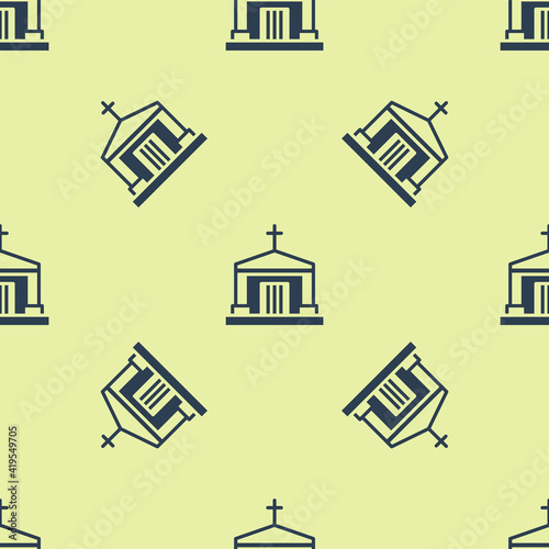Blue Old crypt icon isolated seamless pattern on yellow background. Cemetery symbol. Ossuary or crypt for burial of deceased. Vector.