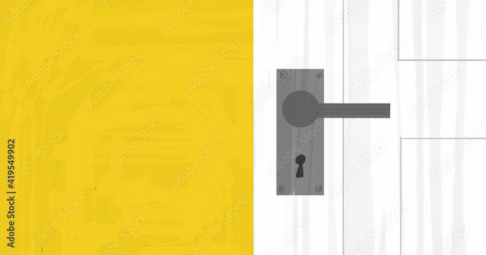 Illustration of yellow walls, white doors and handles 