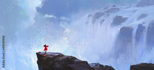Red swordsman practicing in front of the waterfall, digital painting, 3D illustration.