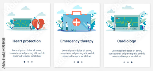 Modern flat illustrations in the form of a slider for web design. A set of UI and UX interfaces for the user interface.Topic Cardiology and emergency therapy.