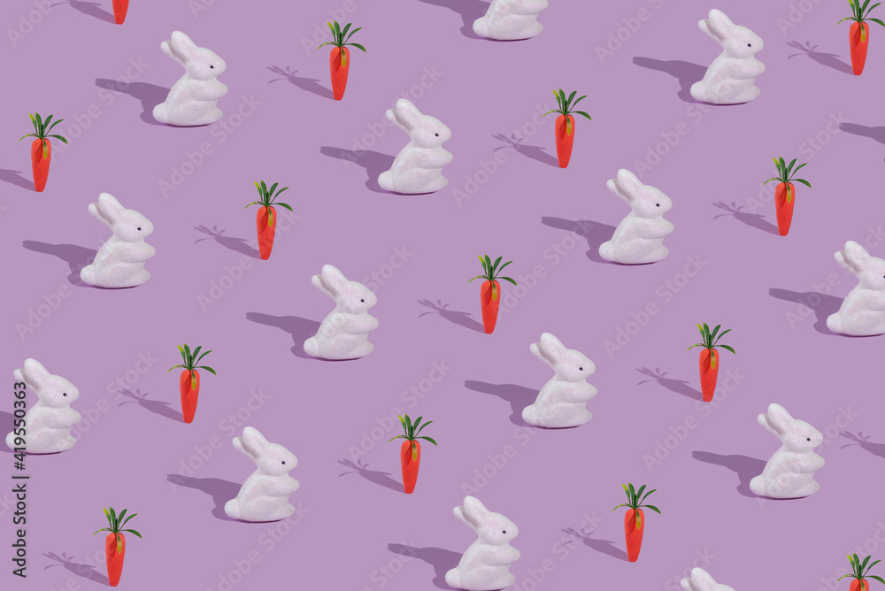 Pattern with white rabbit and orange carrot on violet background. Pattern with white rabbit and orange carrot on violet background.