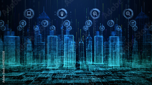 Smart city with technology network connecting. Internet of things and social media connection. Technology 5G and digital data connection. Future background concept. 3d rendering photo