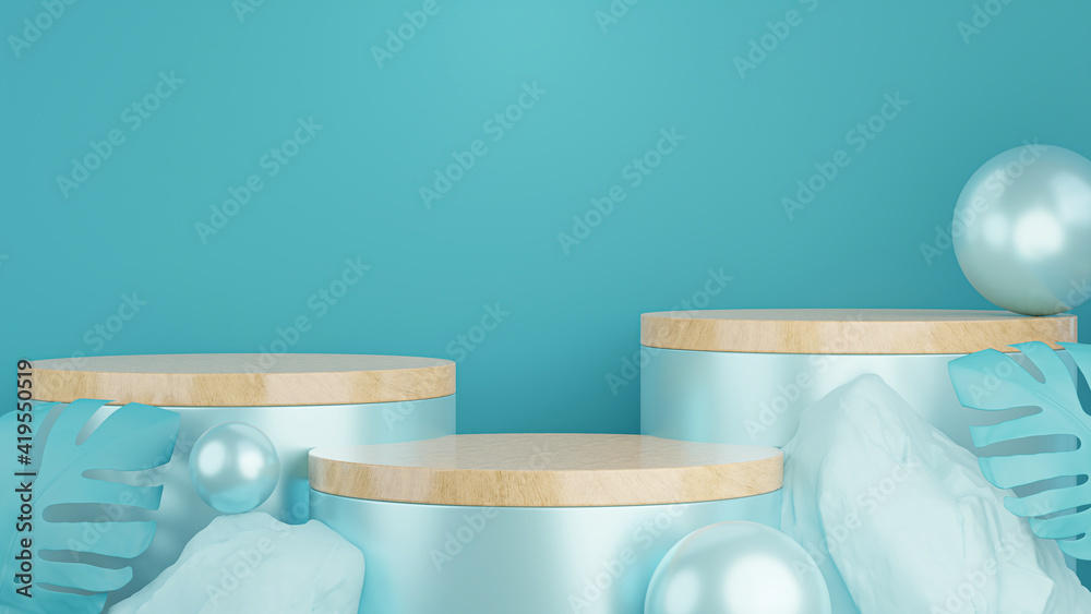 3d render of blue cylinder podium with rock for product display 3d render of blue cylinder podium with rock for product display
