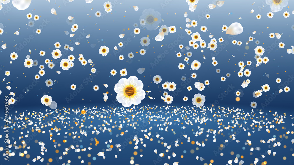 Abstract Blue Spring White Blooming Flowers And Petals With Glitter