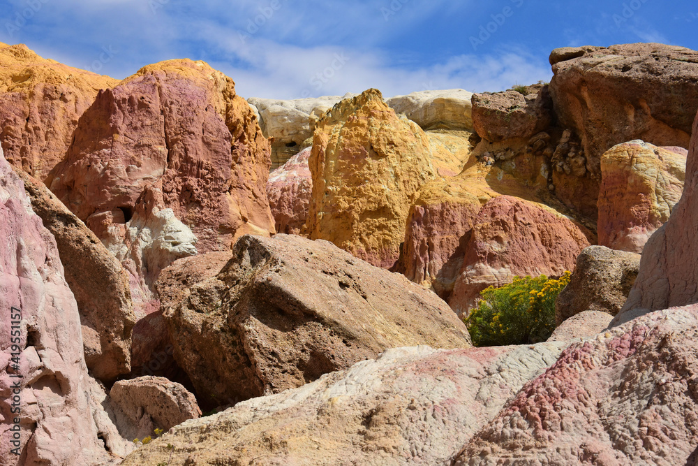 The colorful, eroded hoodoos of the paint mines interpretive park on a sunny day, near calhan in el paso county, colorado  