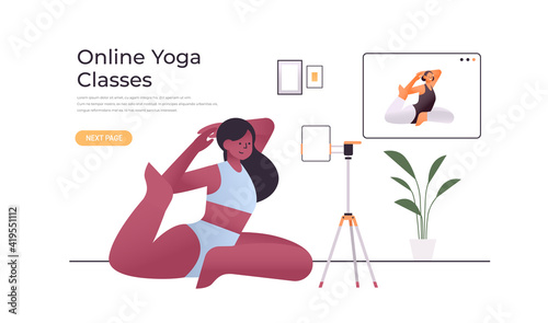 african american woman doing stretching exercises while watching online video training program with yoga teacher workout concept full length horizontal copy space vector illustration