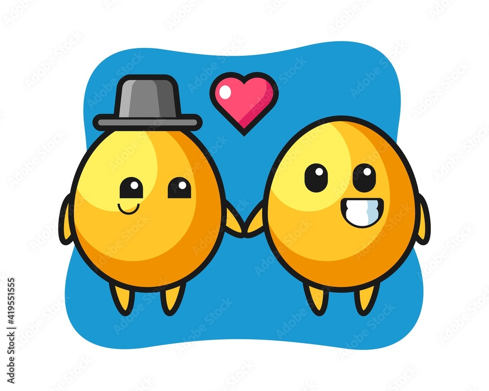 Golden egg cartoon character couple with fall in love gesture