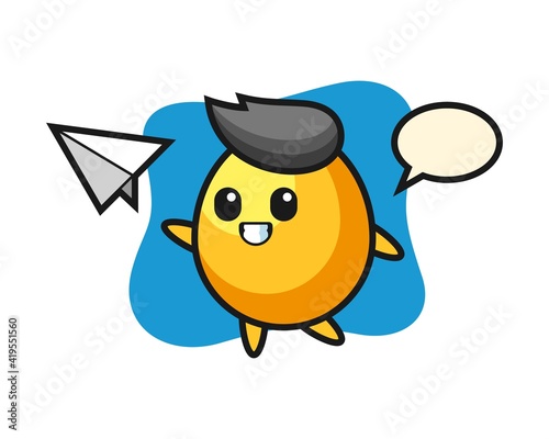 Golden egg cartoon character throwing paper airplane