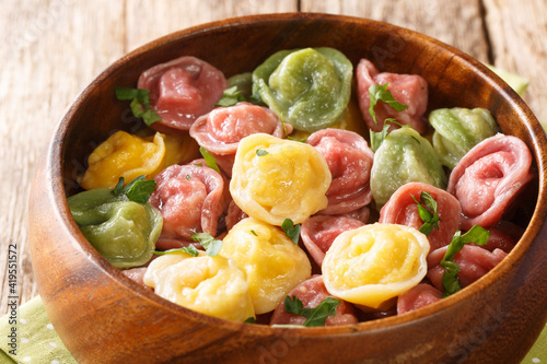 Cooked multi-colored tortellini dumplings close-up in a bowl on the table. horizontal